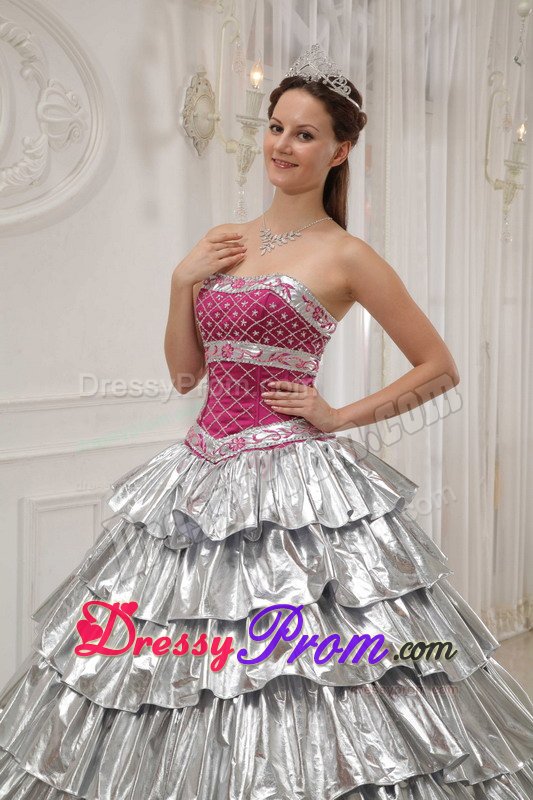 Hot Pink and Silver Sweet 15 Dresses with Beading and Ruffled Layers