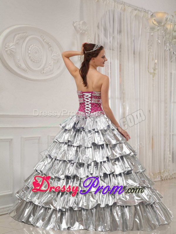 Hot Pink and Silver Sweet 15 Dresses with Beading and Ruffled Layers