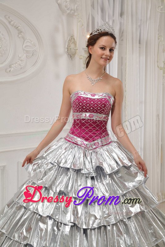 Hot Pink and Silver Sweet 15 Dresses with Beading and Ruffled Layers