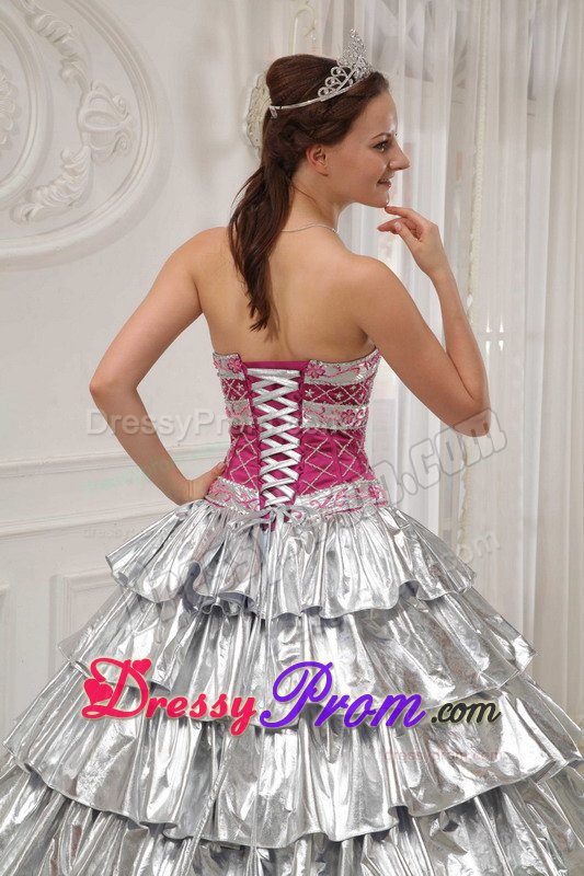 Hot Pink and Silver Sweet 15 Dresses with Beading and Ruffled Layers