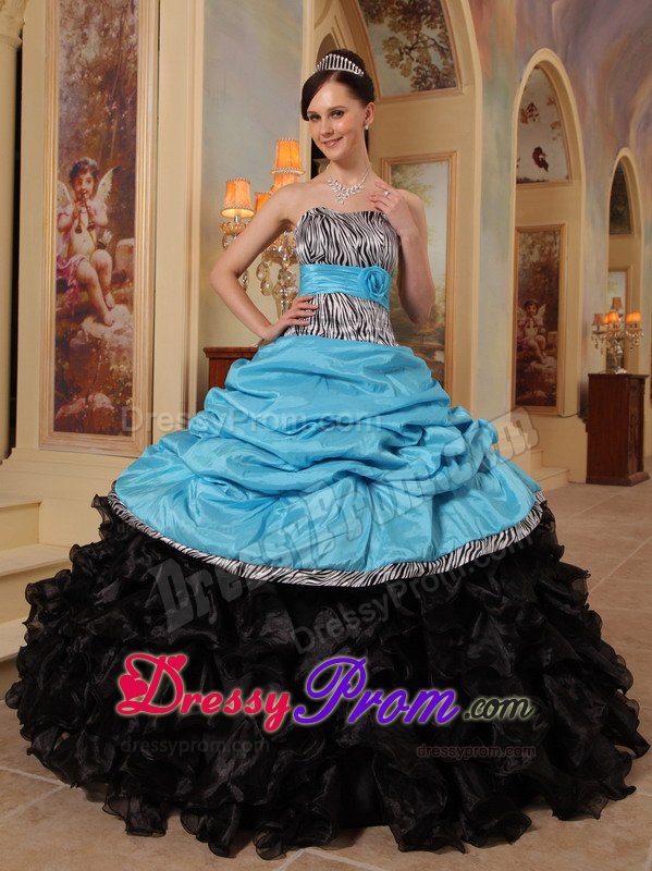 Ruffled Blue and Black Quinceanera Gown Dress with Zebra Print