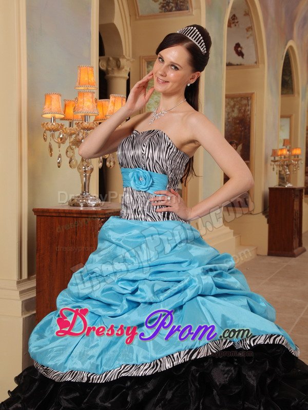 Ruffled Blue and Black Quinceanera Gown Dress with Zebra Print