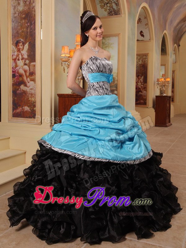 Ruffled Blue and Black Quinceanera Gown Dress with Zebra Print
