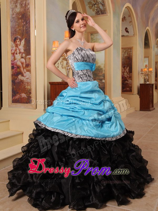 Ruffled Blue and Black Quinceanera Gown Dress with Zebra Print