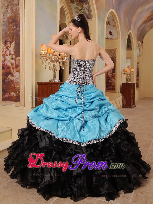 Ruffled Blue and Black Quinceanera Gown Dress with Zebra Print