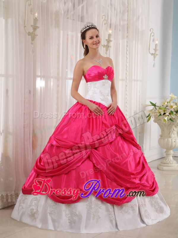 San Pedro CA White and Hot Pink Quinceanera Gown Dress with Appliques