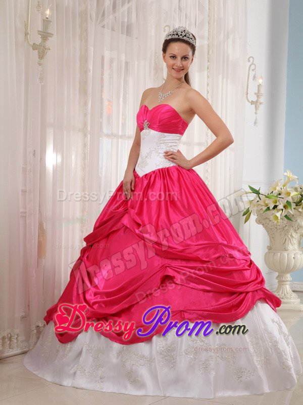 San Pedro CA White and Hot Pink Quinceanera Gown Dress with Appliques