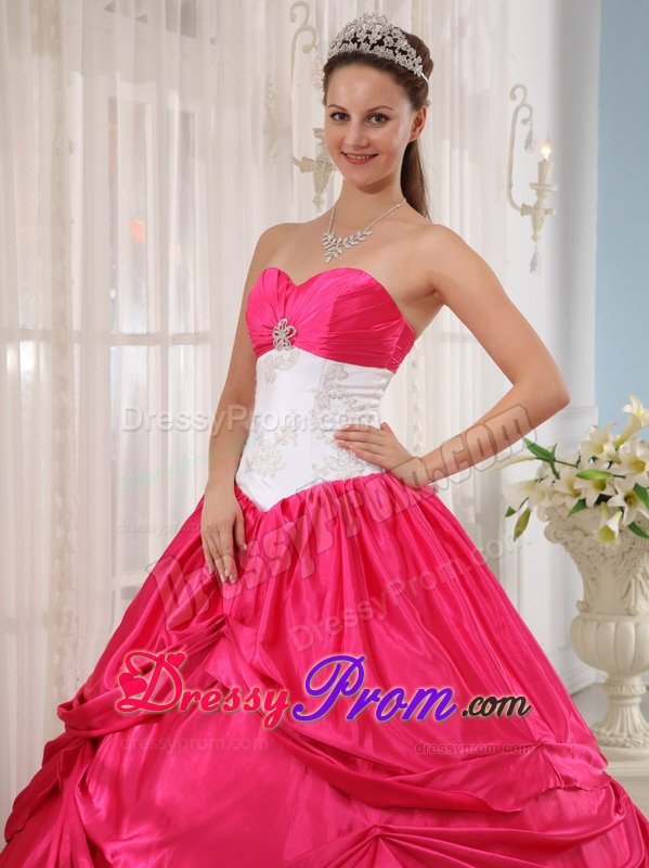 San Pedro CA White and Hot Pink Quinceanera Gown Dress with Appliques