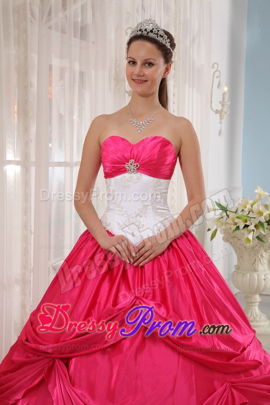 San Pedro CA White and Hot Pink Quinceanera Gown Dress with Appliques