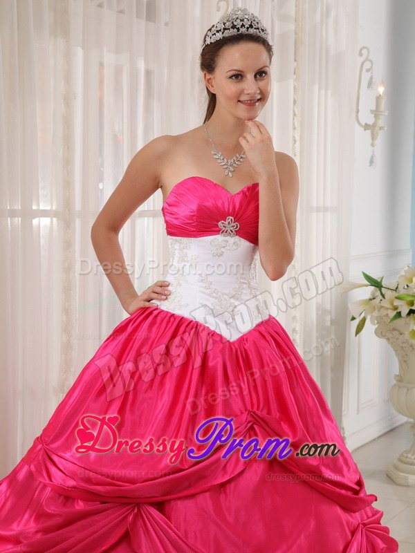 San Pedro CA White and Hot Pink Quinceanera Gown Dress with Appliques