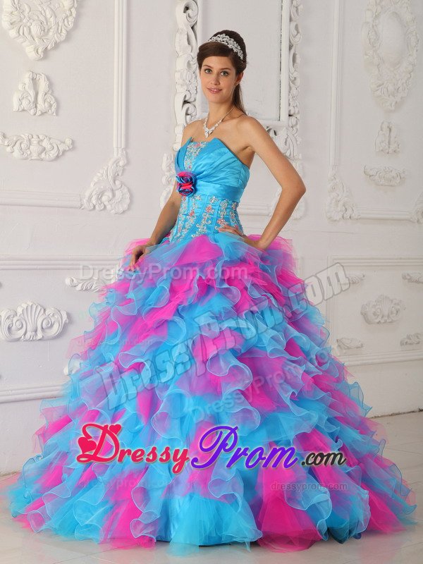 Appliqued and Ruffled Quinceanera Gown in Aqua Blue and Hot Pink