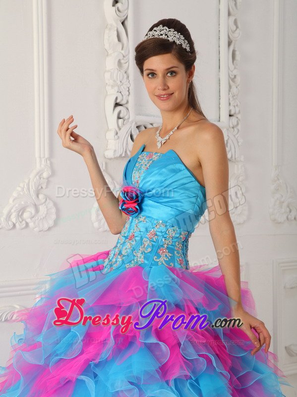 Appliqued and Ruffled Quinceanera Gown in Aqua Blue and Hot Pink