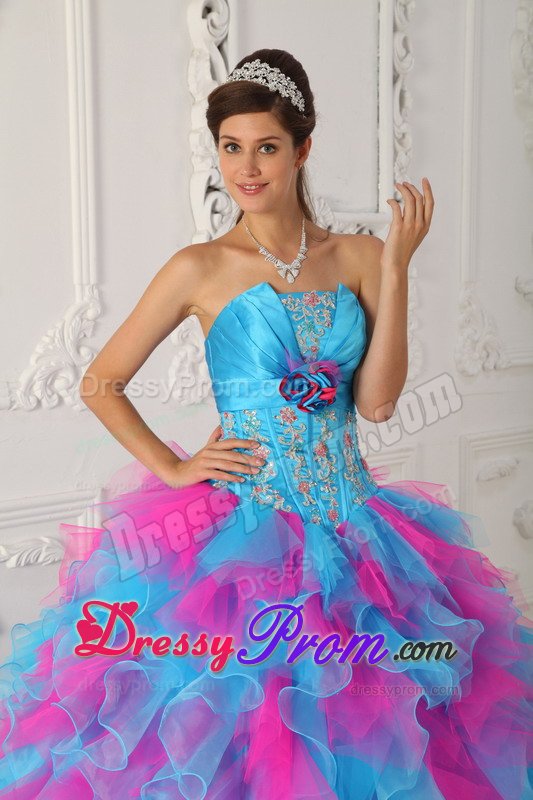 Appliqued and Ruffled Quinceanera Gown in Aqua Blue and Hot Pink