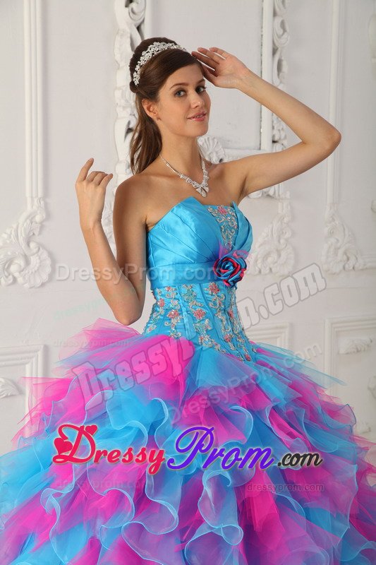 Appliqued and Ruffled Quinceanera Gown in Aqua Blue and Hot Pink