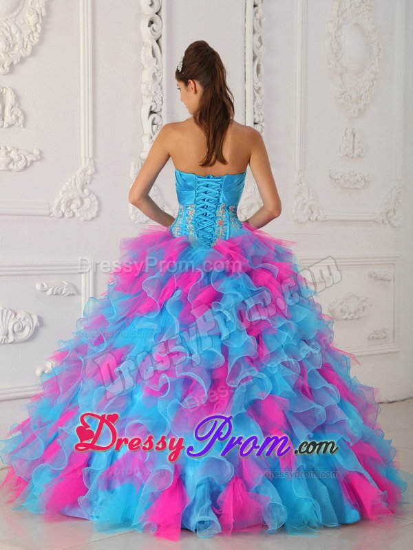 Appliqued and Ruffled Quinceanera Gown in Aqua Blue and Hot Pink