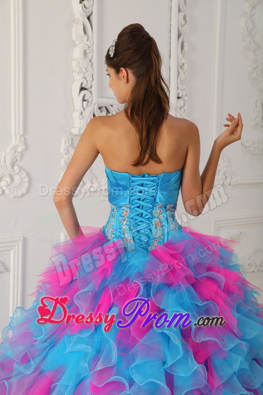 Appliqued and Ruffled Quinceanera Gown in Aqua Blue and Hot Pink