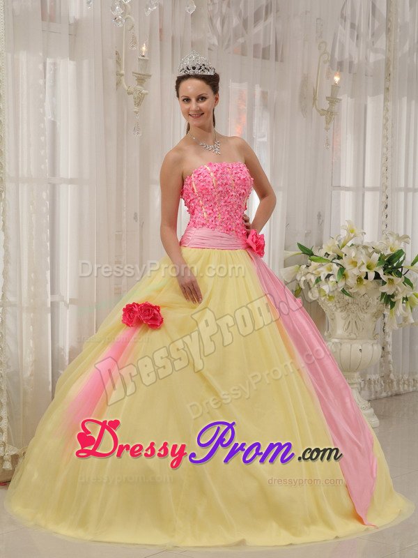 Pink and Yellow Quinceanera Gown Dress with Appliques and Flowers