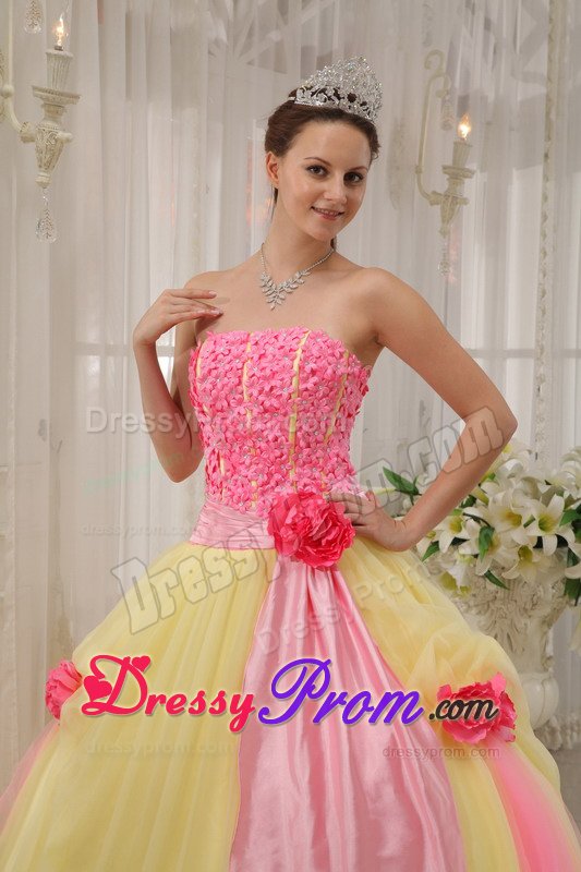 Pink and Yellow Quinceanera Gown Dress with Appliques and Flowers