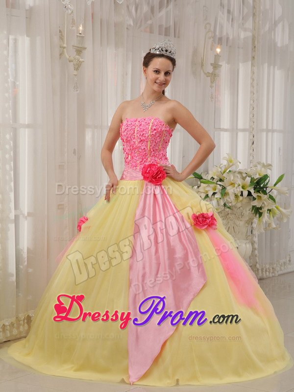 Pink and Yellow Quinceanera Gown Dress with Appliques and Flowers