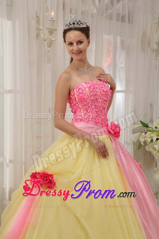 Pink and Yellow Quinceanera Gown Dress with Appliques and Flowers