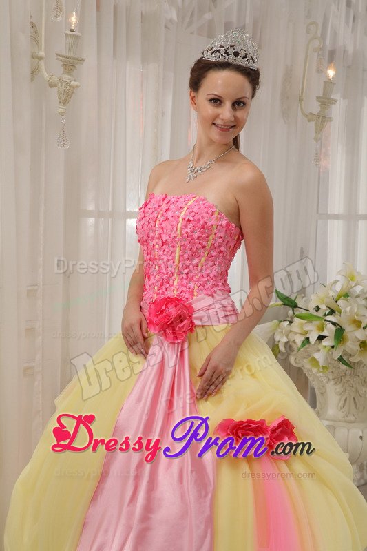 Pink and Yellow Quinceanera Gown Dress with Appliques and Flowers