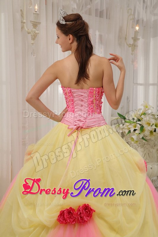 Pink and Yellow Quinceanera Gown Dress with Appliques and Flowers