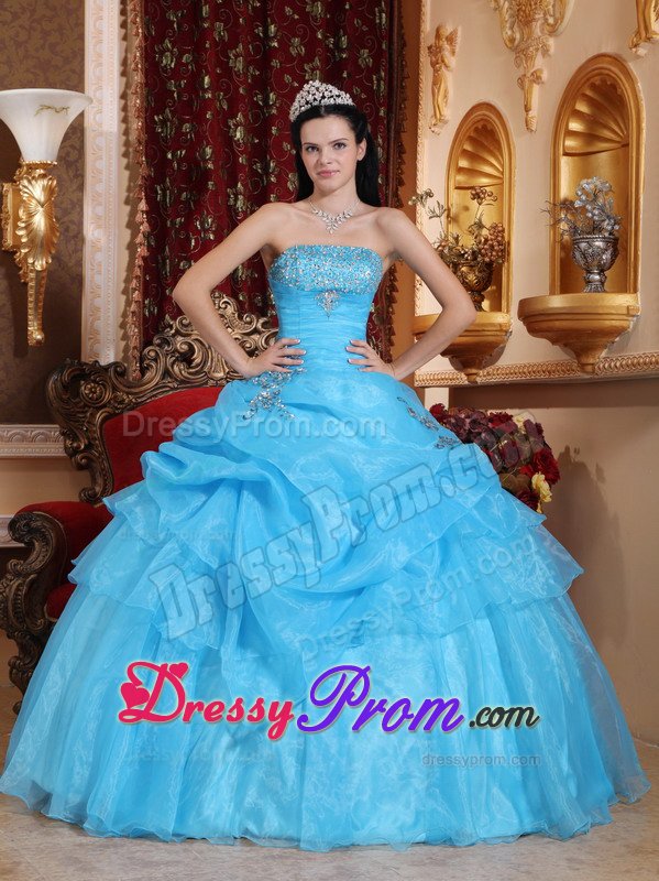 San Marino Aqua Blue Quinceanera Dresses with Beading and Pick ups