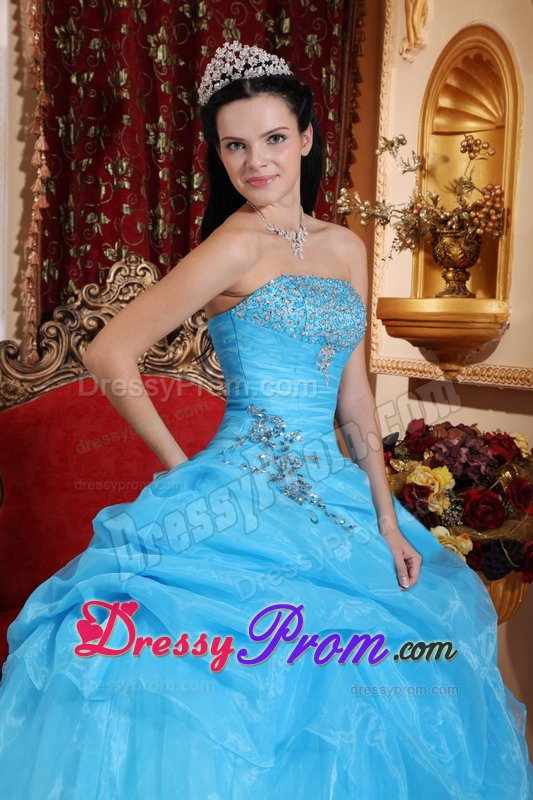 San Marino Aqua Blue Quinceanera Dresses with Beading and Pick ups