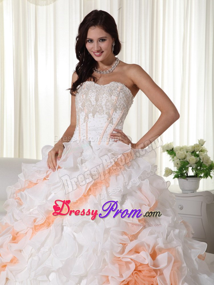 Appliqued and Ruffled Quinceanera Gown Dresses in White and Orange