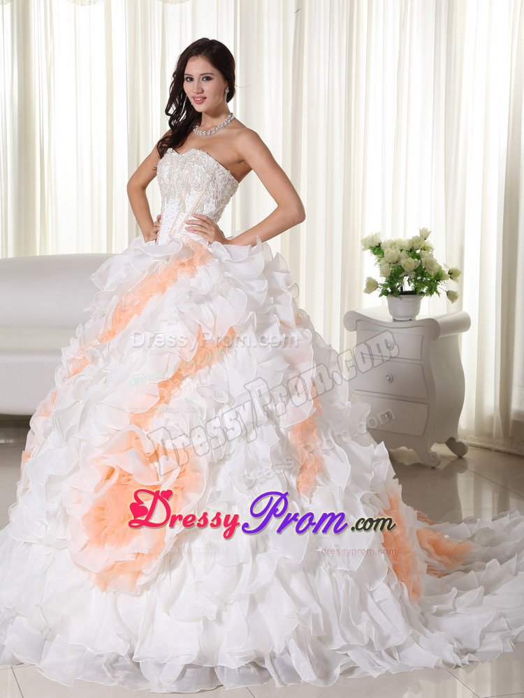 Appliqued and Ruffled Quinceanera Gown Dresses in White and Orange