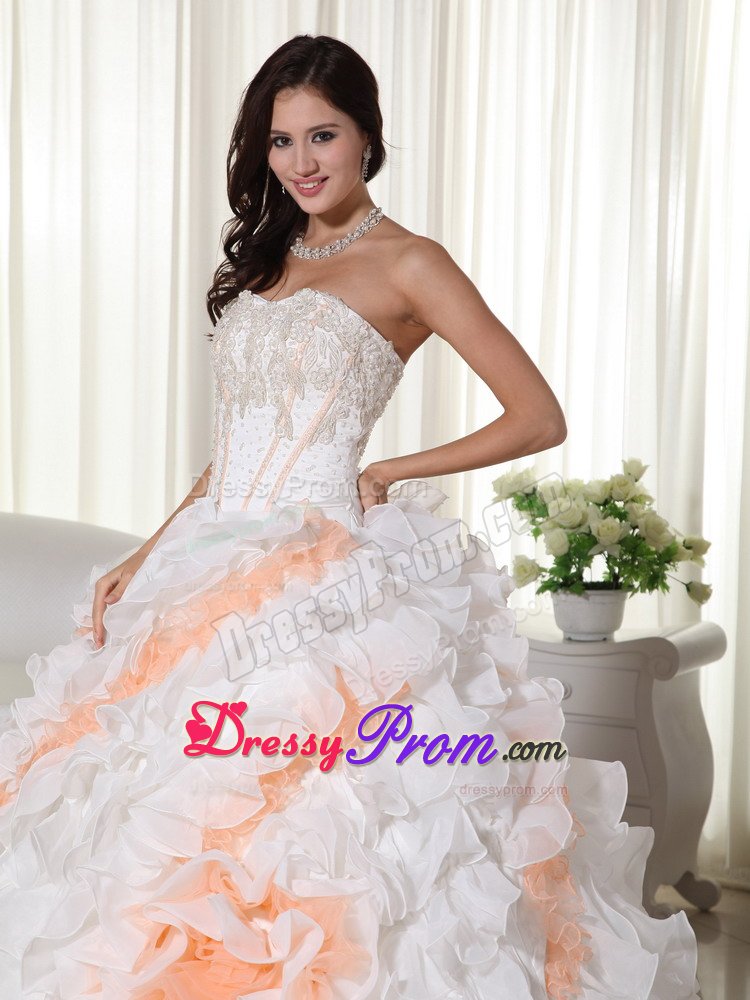 Appliqued and Ruffled Quinceanera Gown Dresses in White and Orange