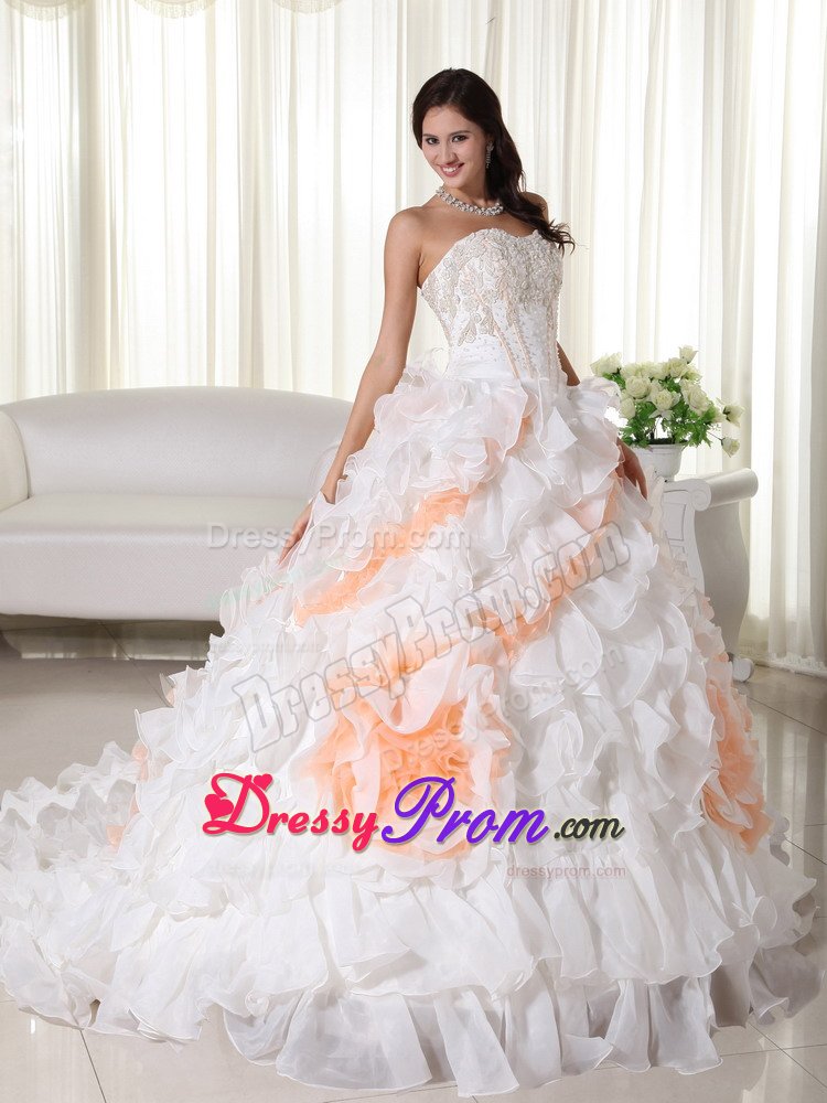 Appliqued and Ruffled Quinceanera Gown Dresses in White and Orange