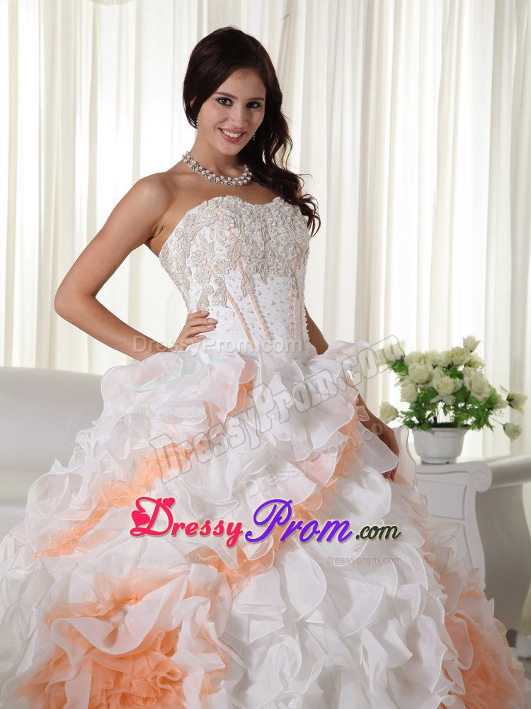 Appliqued and Ruffled Quinceanera Gown Dresses in White and Orange