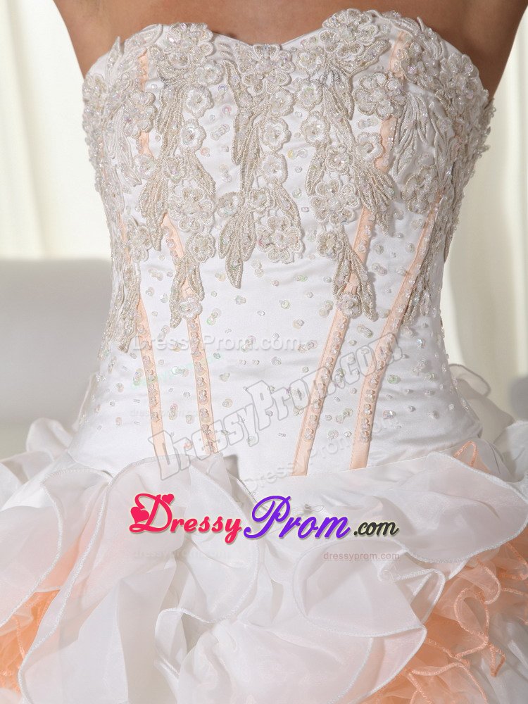 Appliqued and Ruffled Quinceanera Gown Dresses in White and Orange