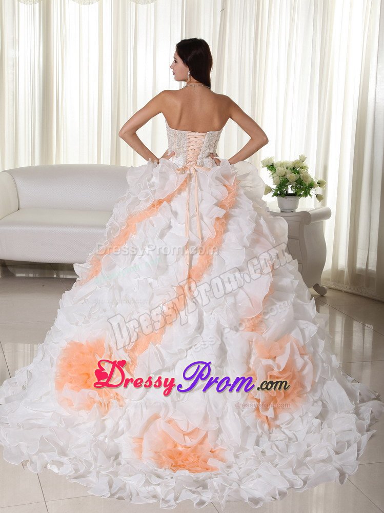 Appliqued and Ruffled Quinceanera Gown Dresses in White and Orange