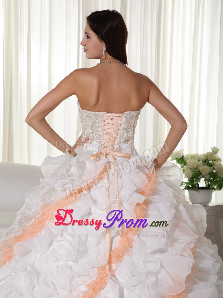 Appliqued and Ruffled Quinceanera Gown Dresses in White and Orange