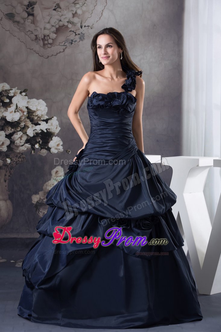 Ruffled One Shoulder Taffeta Quinceanera Gown Dresses in Navy Blue