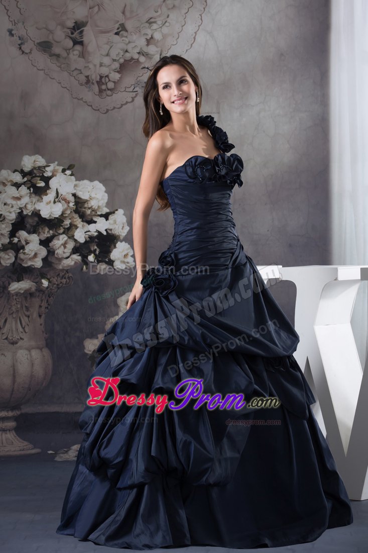 Ruffled One Shoulder Taffeta Quinceanera Gown Dresses in Navy Blue
