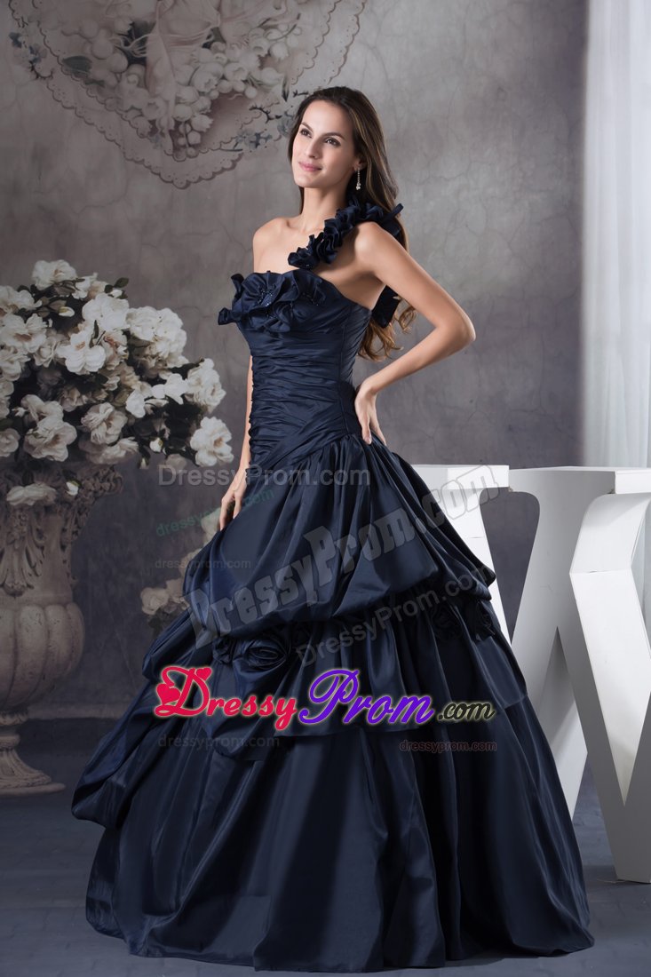 Ruffled One Shoulder Taffeta Quinceanera Gown Dresses in Navy Blue