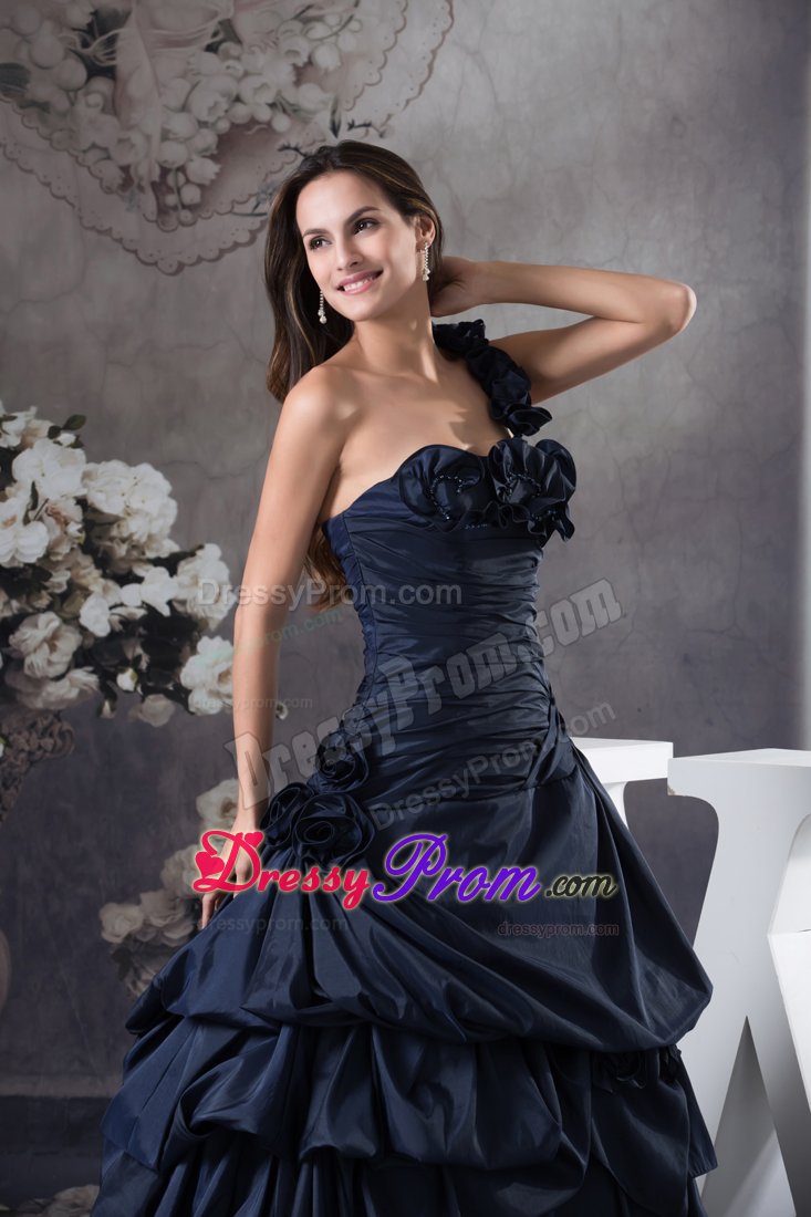 Ruffled One Shoulder Taffeta Quinceanera Gown Dresses in Navy Blue