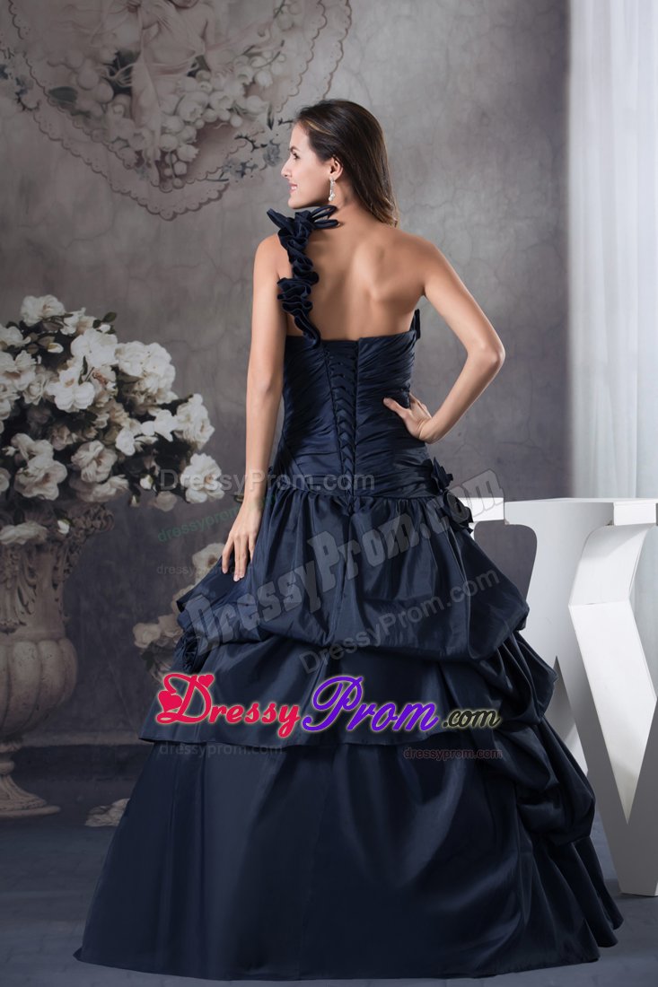 Ruffled One Shoulder Taffeta Quinceanera Gown Dresses in Navy Blue