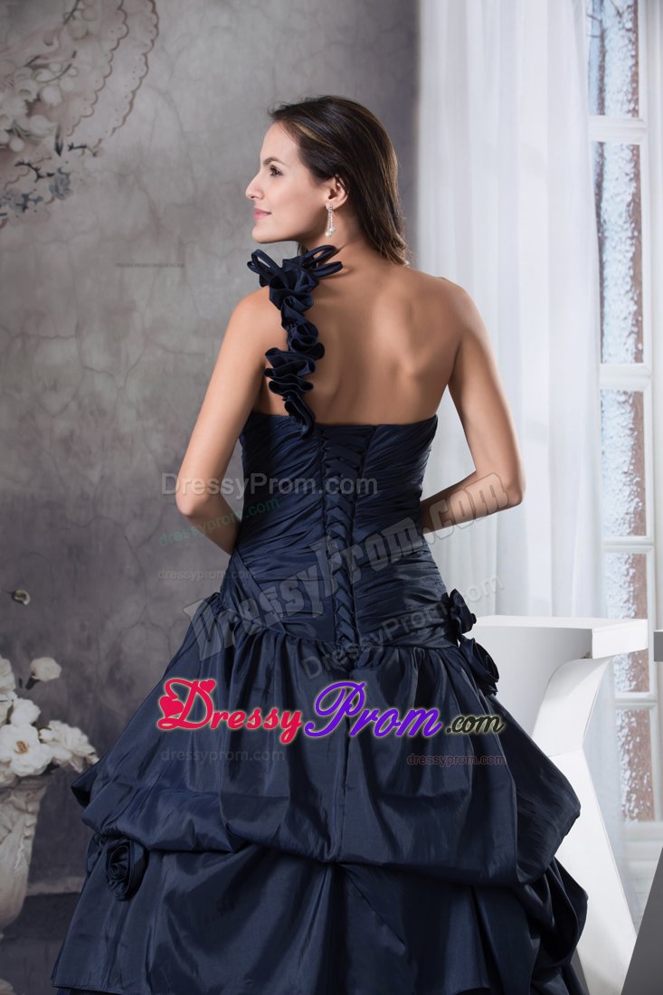 Ruffled One Shoulder Taffeta Quinceanera Gown Dresses in Navy Blue