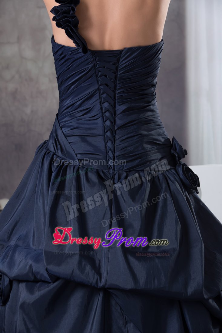 Ruffled One Shoulder Taffeta Quinceanera Gown Dresses in Navy Blue