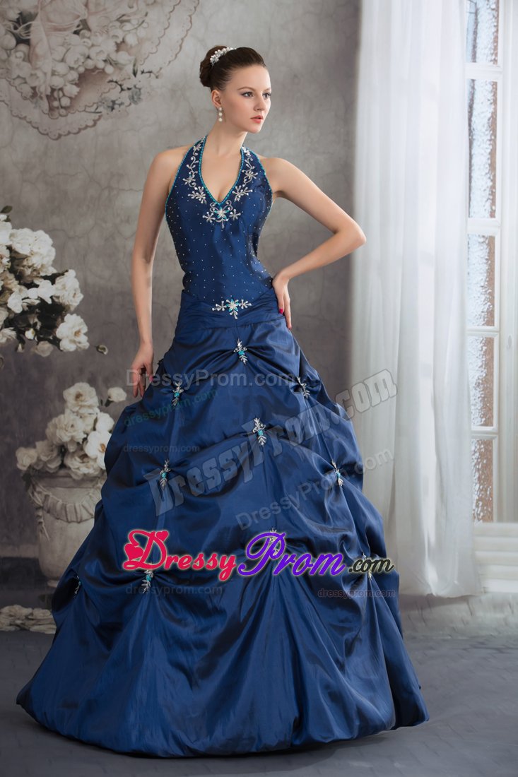 Navy Blue a Line Halter Quinceanera Gown with Appliques Pick ups