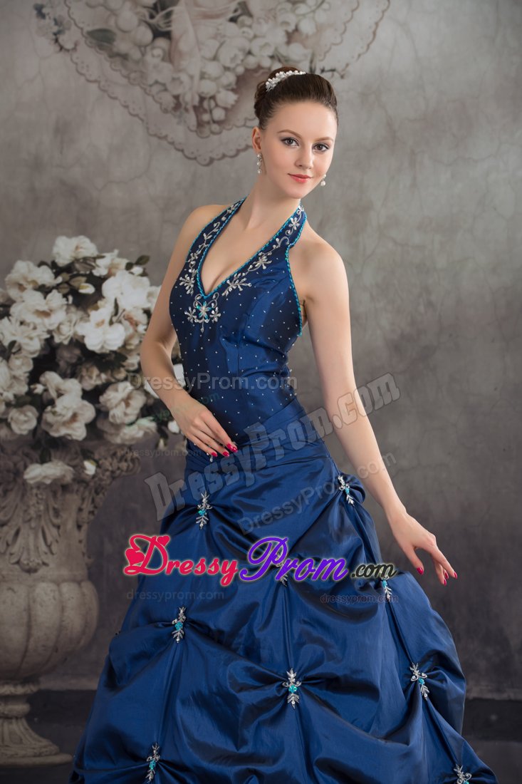 Navy Blue a Line Halter Quinceanera Gown with Appliques Pick ups