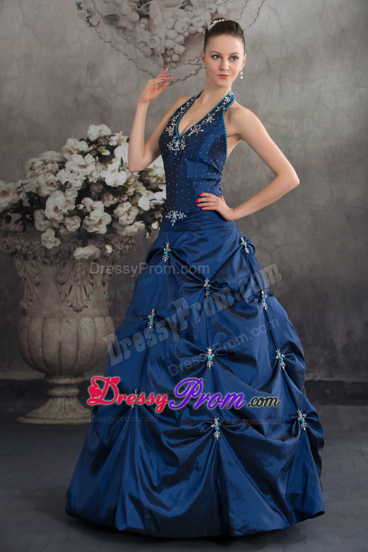 Navy Blue a Line Halter Quinceanera Gown with Appliques Pick ups
