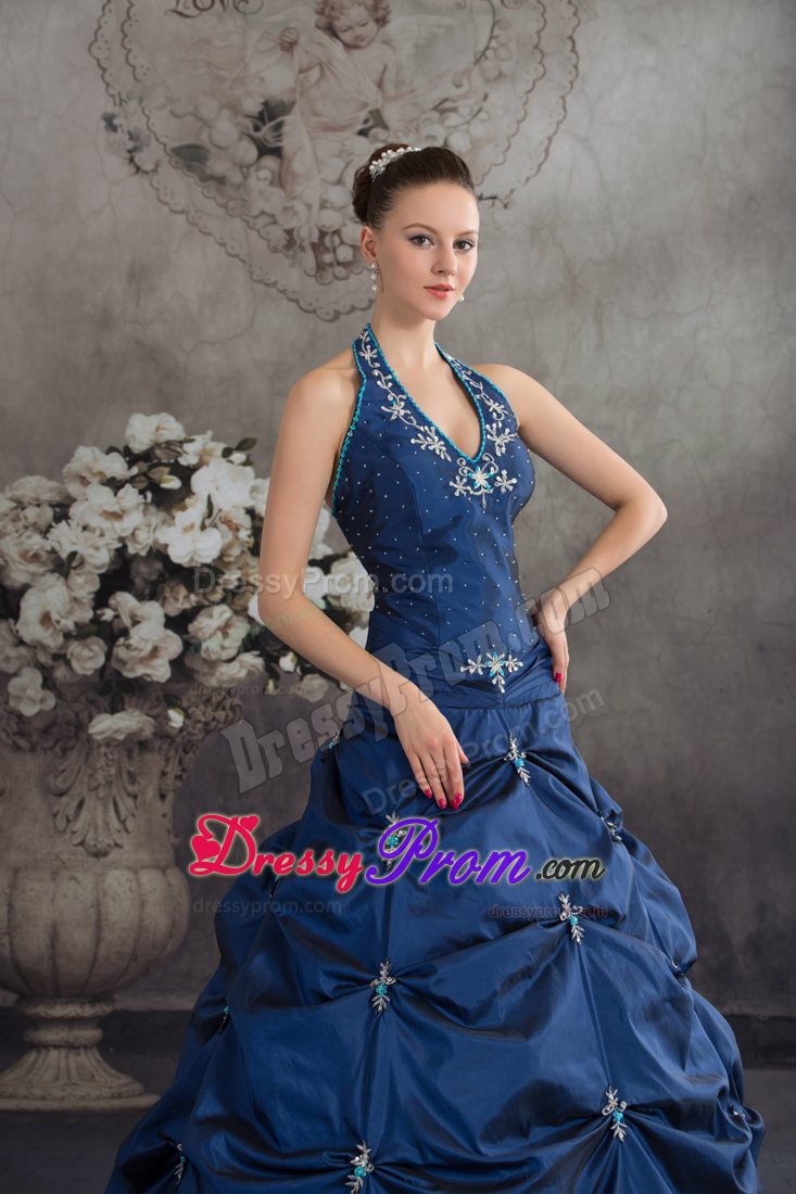 Navy Blue a Line Halter Quinceanera Gown with Appliques Pick ups