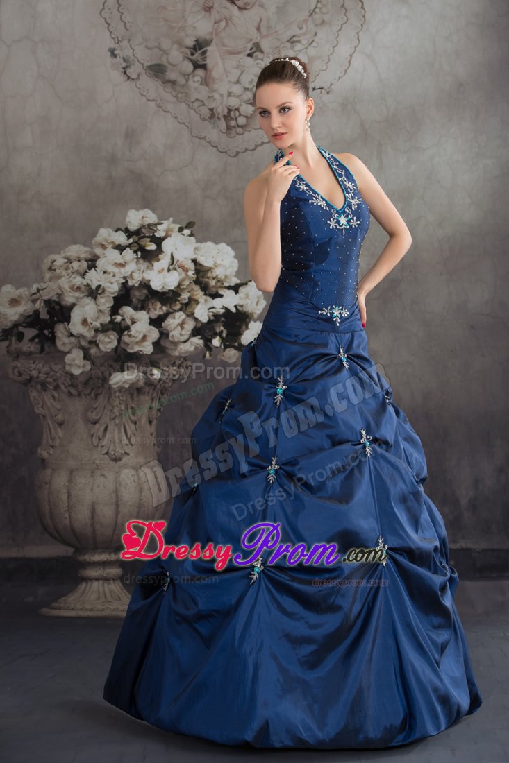 Navy Blue a Line Halter Quinceanera Gown with Appliques Pick ups