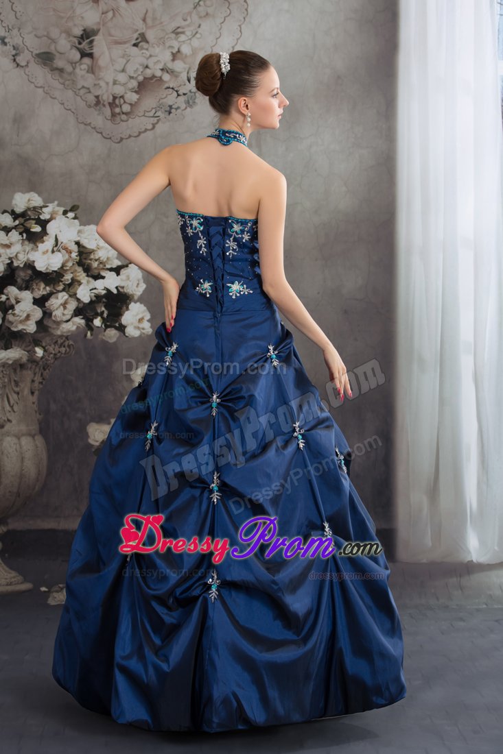 Navy Blue a Line Halter Quinceanera Gown with Appliques Pick ups