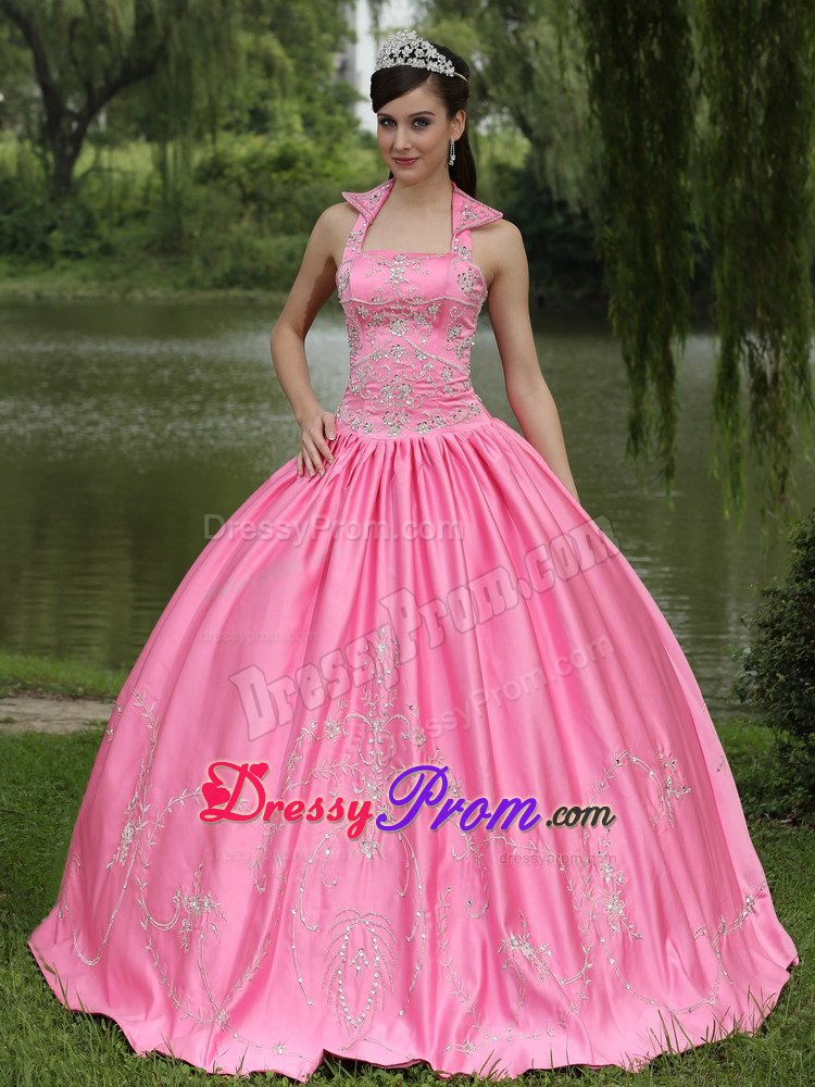 Halter Taffeta Beaded Quinceanera Gown in Rose Pink Lace-up Back
